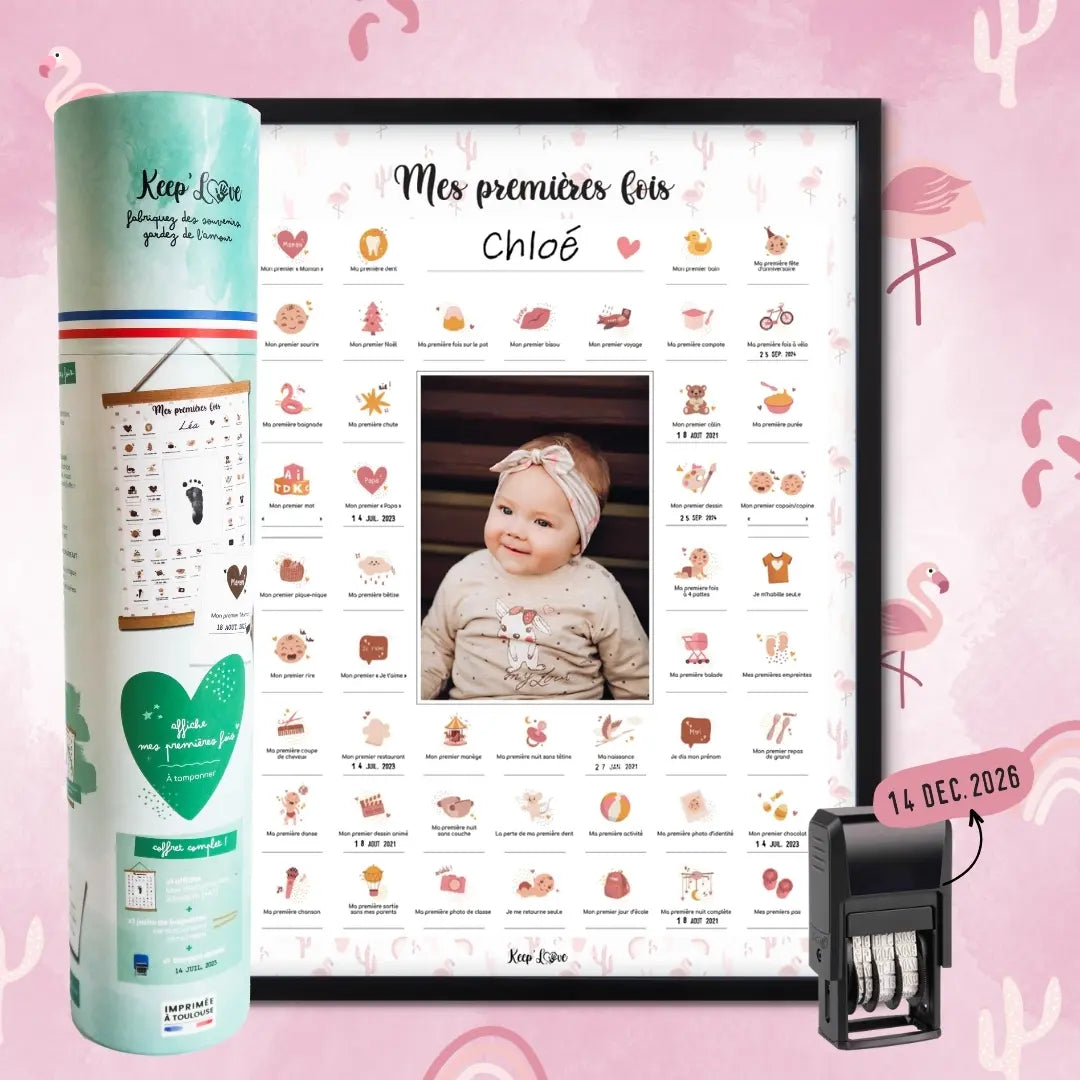 Coffret Cadre Noir “Mes Premières Fois” à tamponner – Thème Flamant Rose