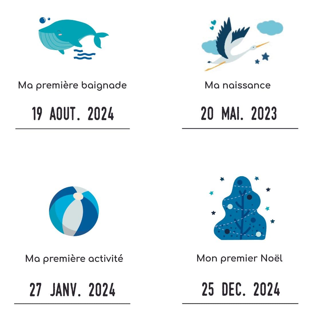 Affiche “Mes Premières Fois” bébé à tamponner – Cadeau naissance (Baleine)