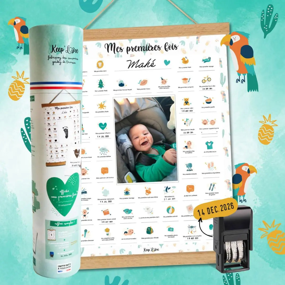 Affiche “Mes Premières Fois” bébé à tamponner – Cadeau naissance (Perroquet)