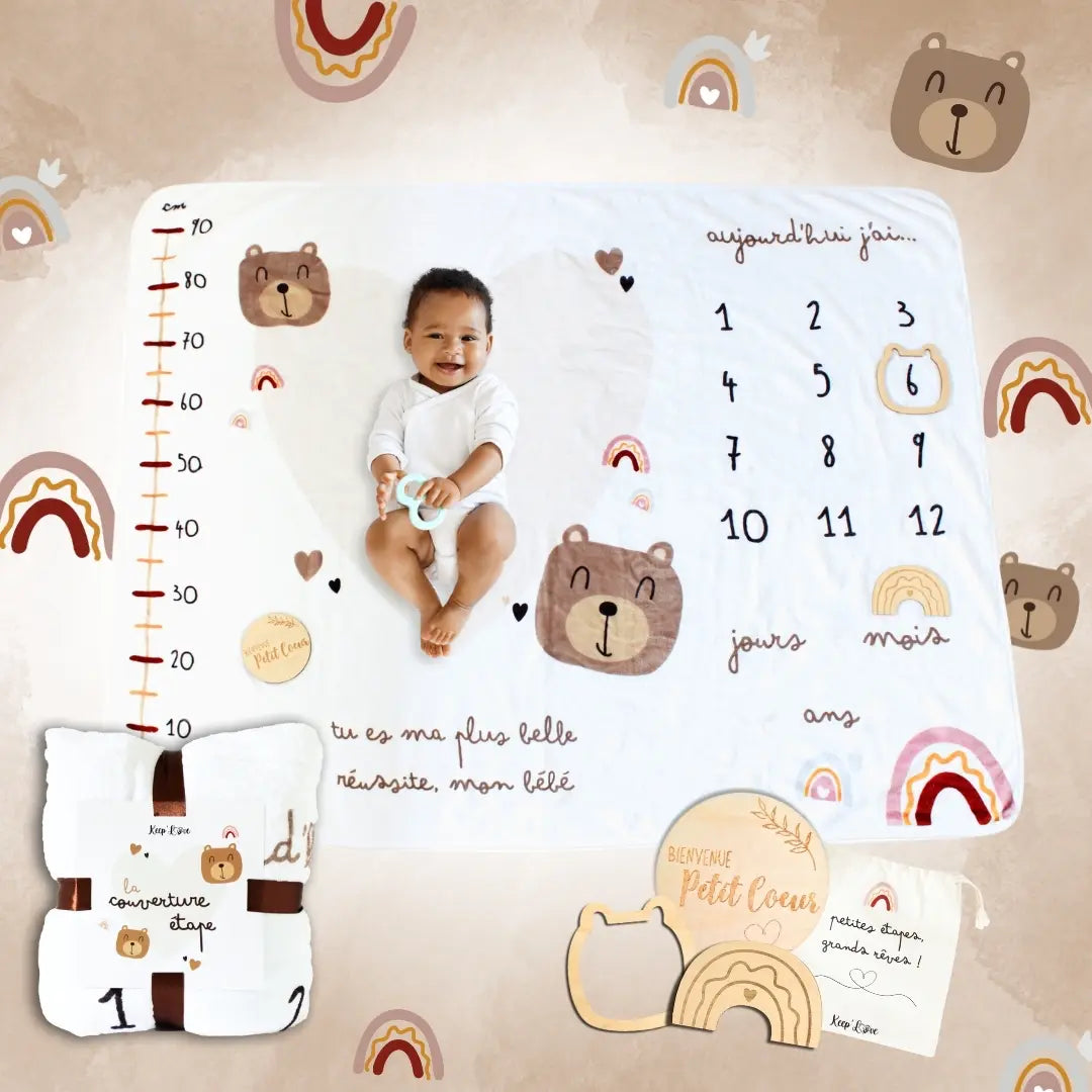 Couverture Étape Bébé Ourson – Tapis Photo Mois Mixte