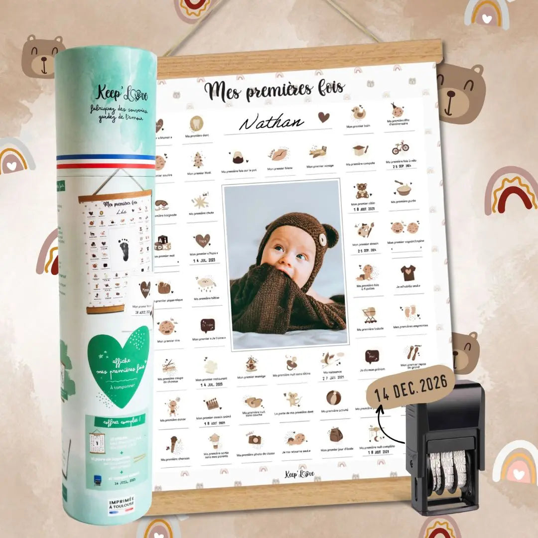 Coffret souvenir bébé avec affiche mes premières fois, tampon dateur et kit empreinte – Thème ourson