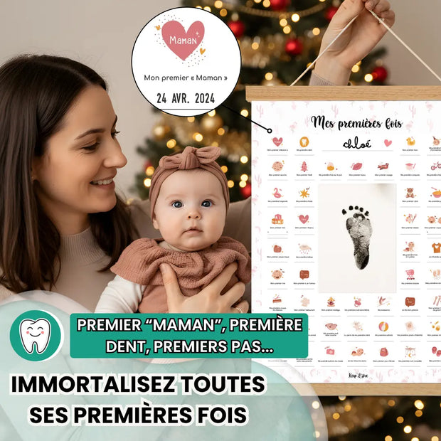 Affiche “Mes Premières Fois” bébé à tamponner – Cadeau naissance (Flamant Rose)