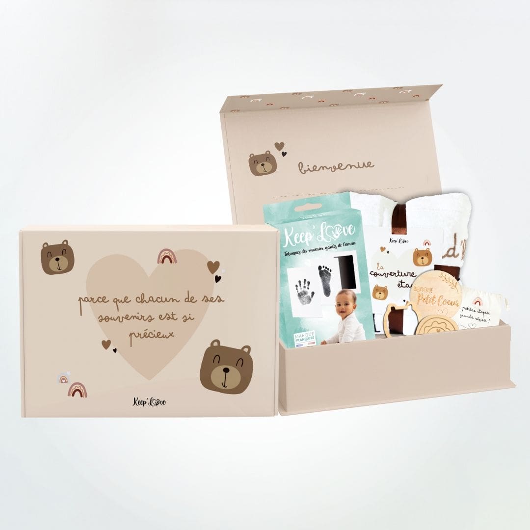 Boîte cadeau de naissance avec pochon en lin