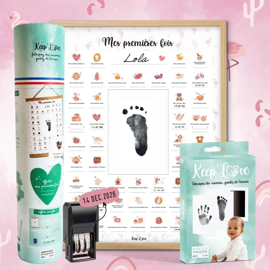 Coffret Cadre Beige “Mes Premières Fois” à tamponner – Thème Flamant Rose