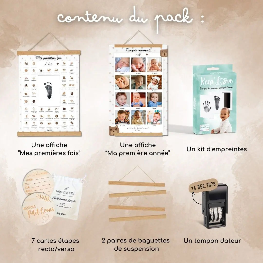 Coffret naissance bébé complet avec affiches à personnaliser et baguettes en bois