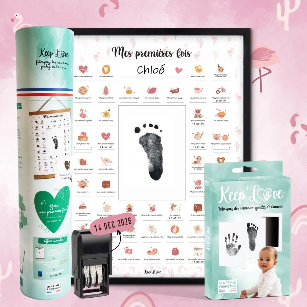 Coffret Cadre Noir “Mes Premières Fois” à tamponner – Thème Flamant Rose