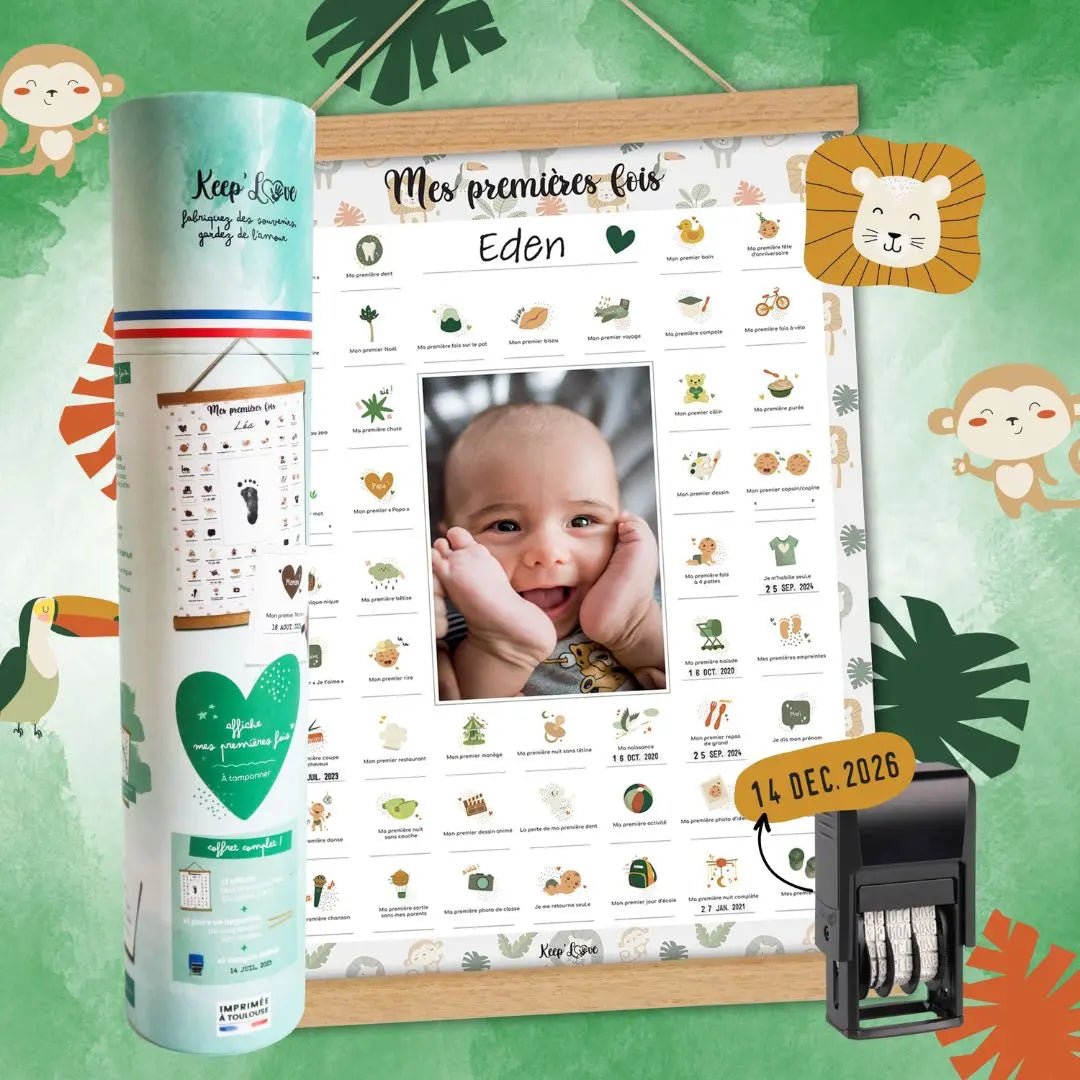 Affiche “Mes Premières Fois” bébé à tamponner – Cadeau naissance (Lion)