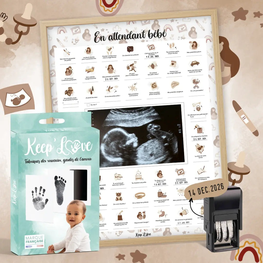 Coffret Souvenir Grossesse – Affiche "En Attendant Bébé" à Tamponner + Cadre Photo Beige