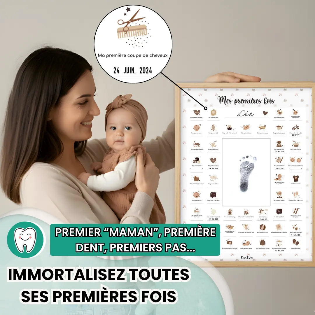 Affiche Mes Premières Fois Ourson dans cadre en bois clair – décoration murale poétique pour chambre bébé Keep’Love