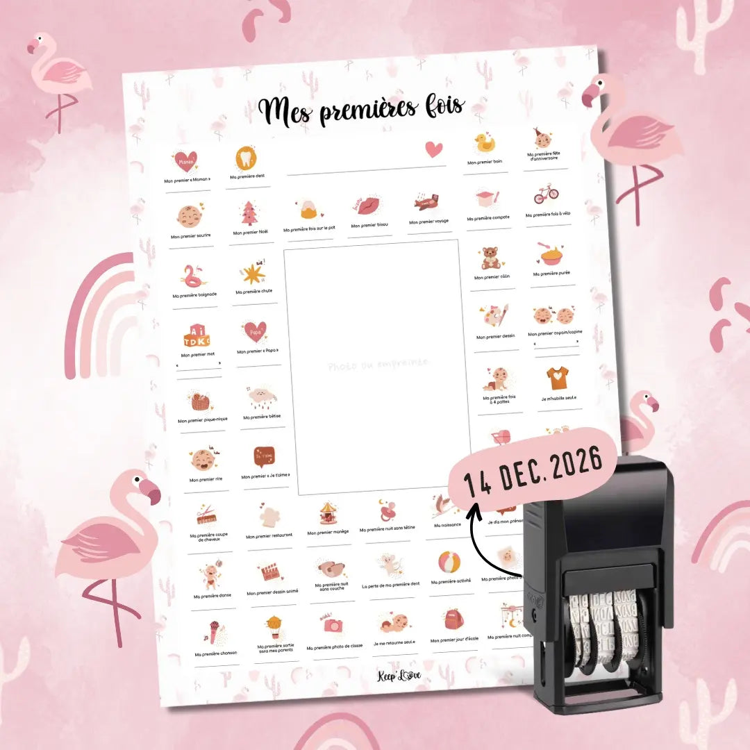 Affiche mes premières fois fille – Thème flamant rose – Souvenir à tamponner