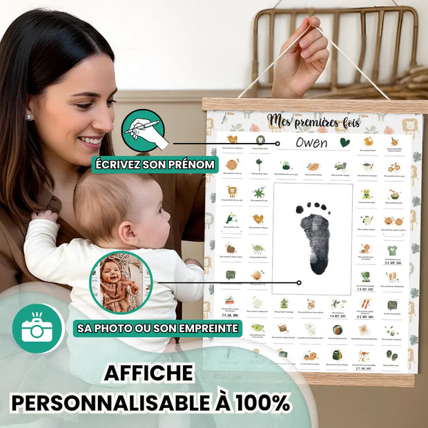 Coffret complet affiche Mes Premières Fois Lion – affiche + tampon dateur + baguettes inclus, idée cadeau naissance Keep’Love