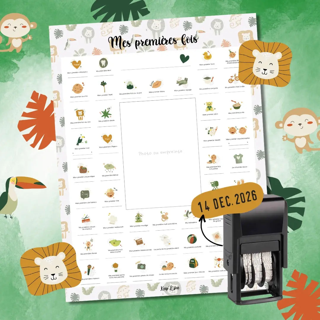 Affiche mes premières fois à tamponner – Thème lion – Souvenir bébé plein de tendresse
