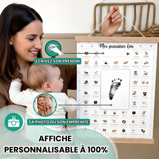 Affiche Mes Premières Fois Ourson accrochée au mur – décoration poétique de chambre bébé garçon, marque Keep’Love