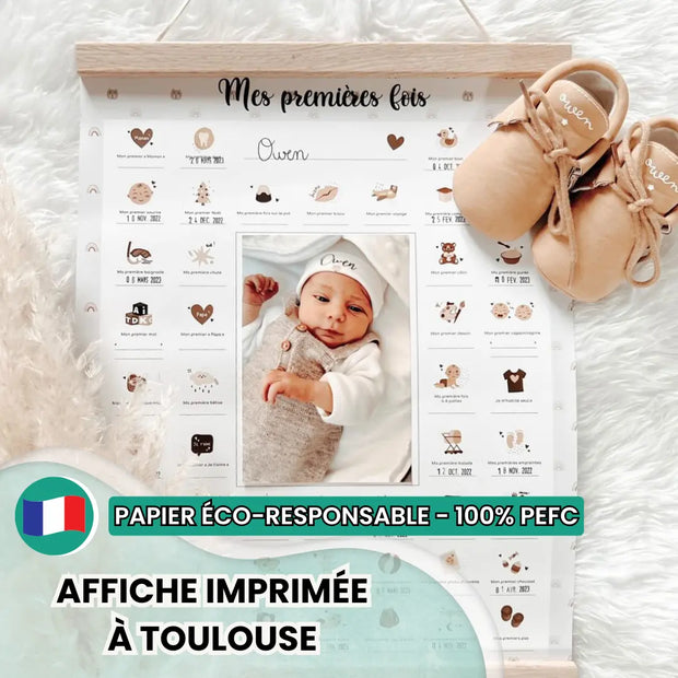 Coffret affiche Mes Premières Fois Ourson avec tampon et baguettes – cadeau naissance complet Keep’Love