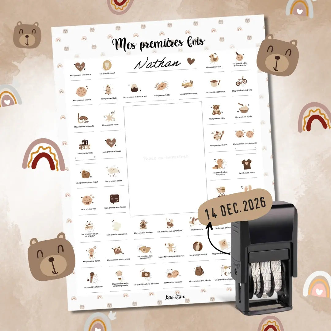 Affiche mes premières fois bébé à tamponner – Thème ourson – Souvenir de naissance original