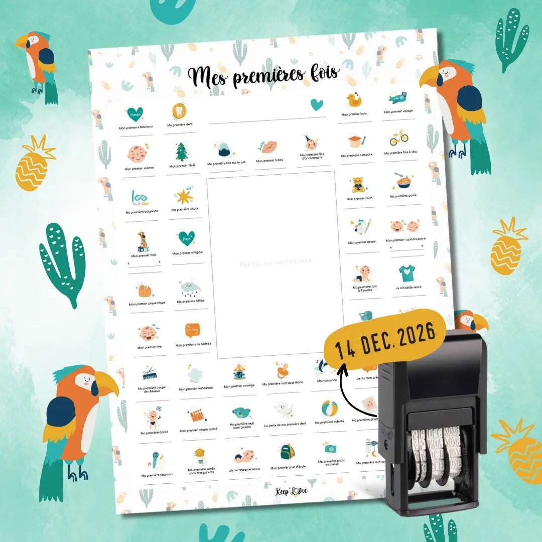Affiche “Mes Premières Fois” bébé à tamponner – Cadeau naissance (Perroquet)