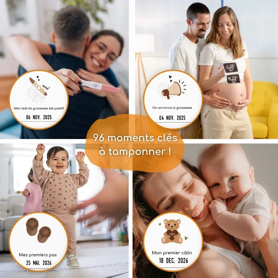 Affiche à tamponner pour suivre la grossesse et les premières fois de bébé