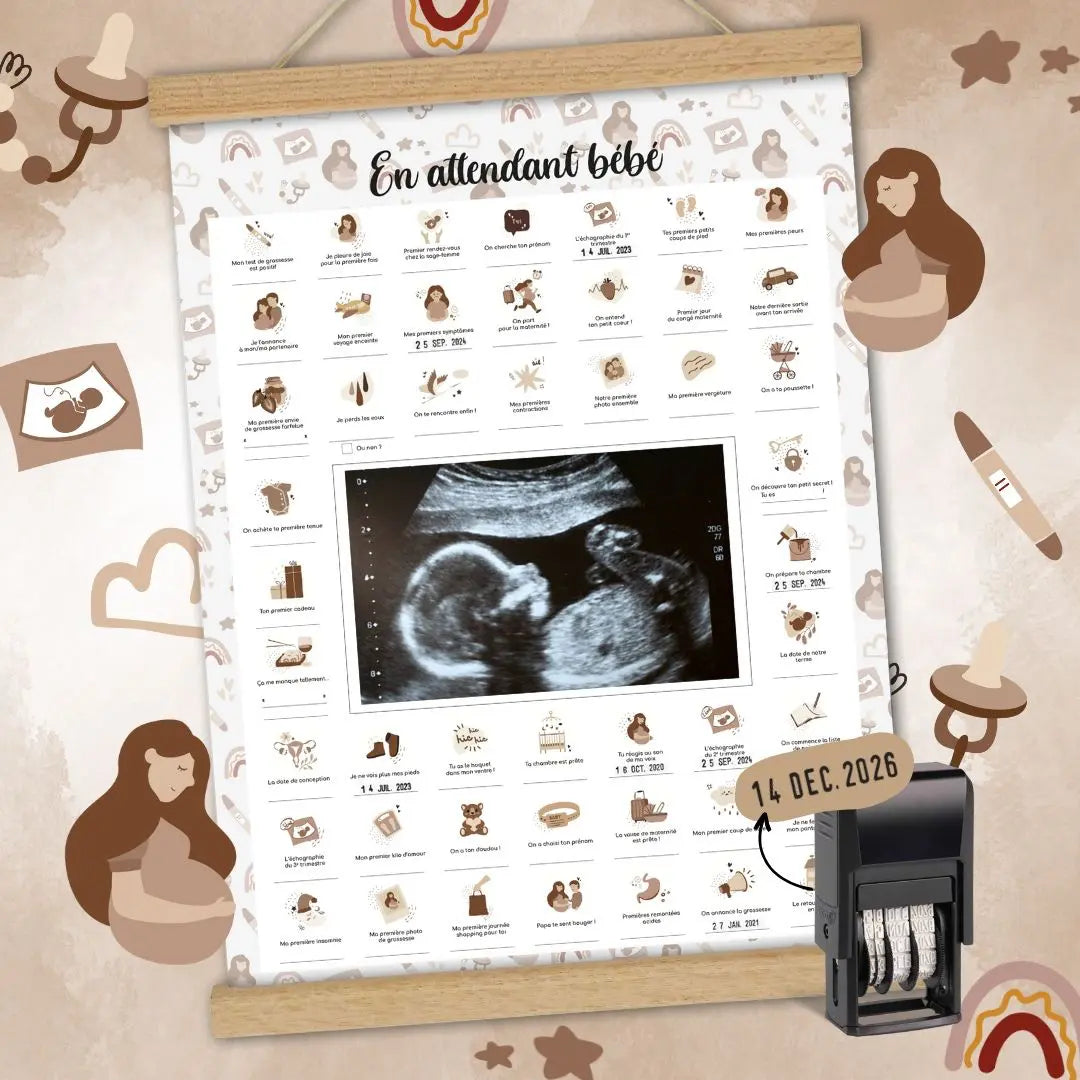 Zoom sur l’affiche En Attendant Bébé avec illustrations à tamponner – cadeau grossesse original
