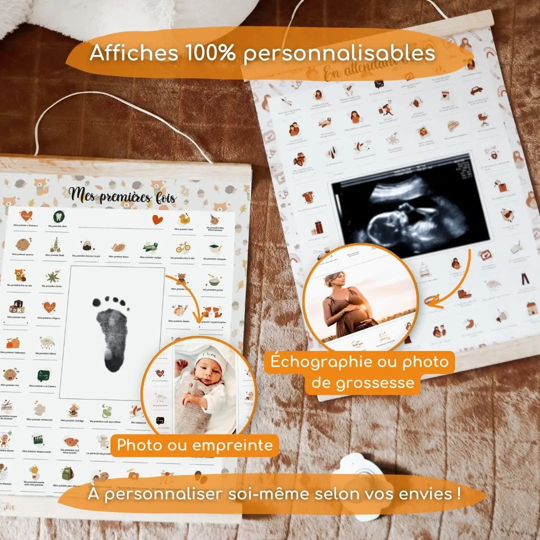 Coffret cadeau souvenir avec affiches à tamponner pour grossesse et bébé