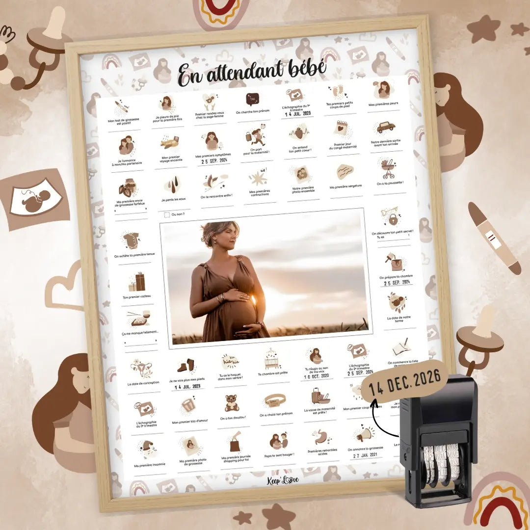 Coffret Souvenir Grossesse – Affiche "En Attendant Bébé" à Tamponner + Cadre Photo Beige