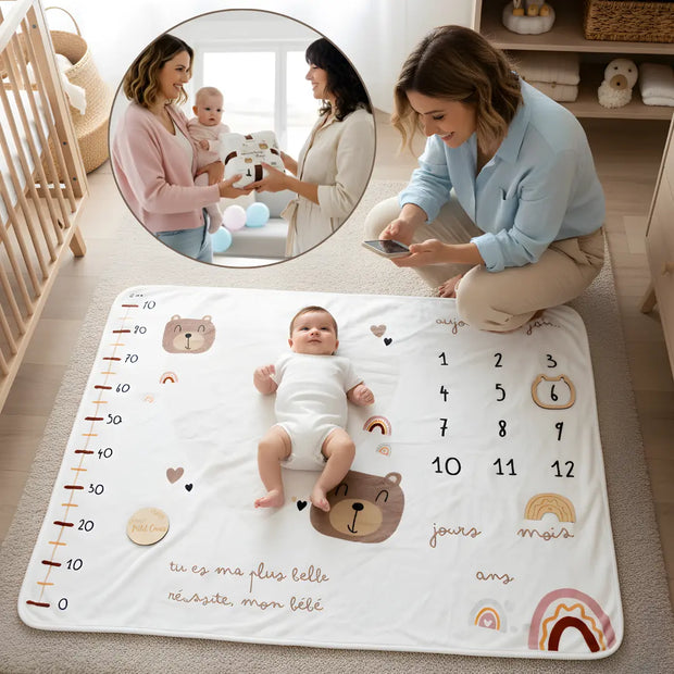 Couverture Étape Bébé Ourson – Tapis Photo Mois Mixte pour Suivre sa Croissance