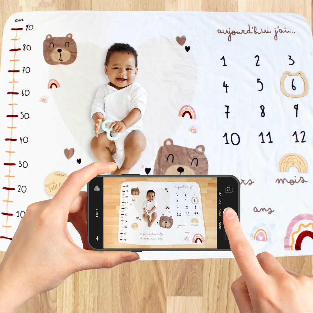 Couverture Étape Bébé Ourson – Tapis Photo Mois Mixte