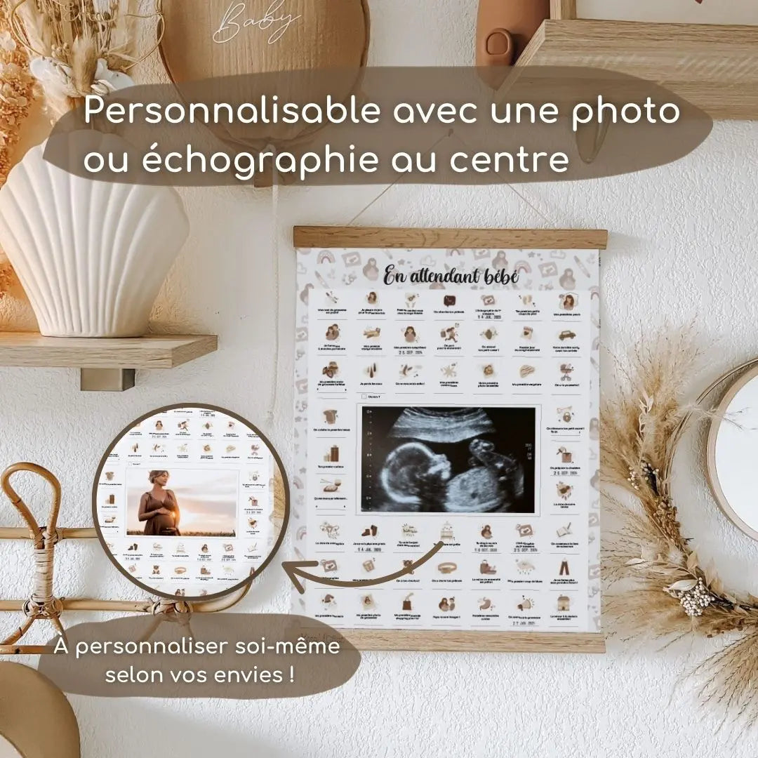 Focus sur les détails dessinés à la main de l’affiche En Attendant Bébé – illustration maternité